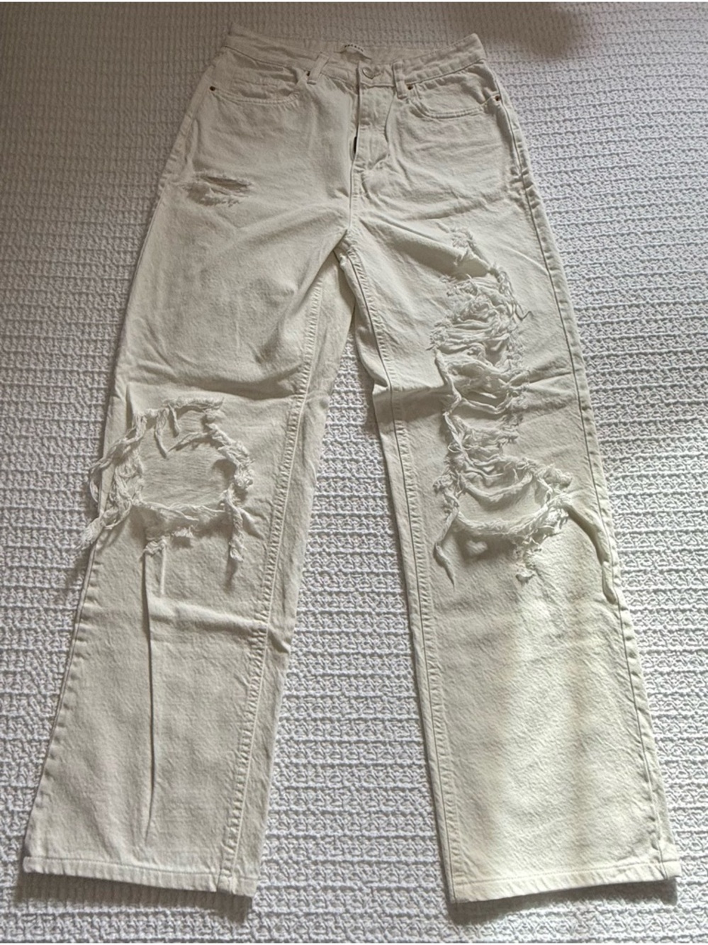 PacSun Cream Distressed Straight Leg Jeans